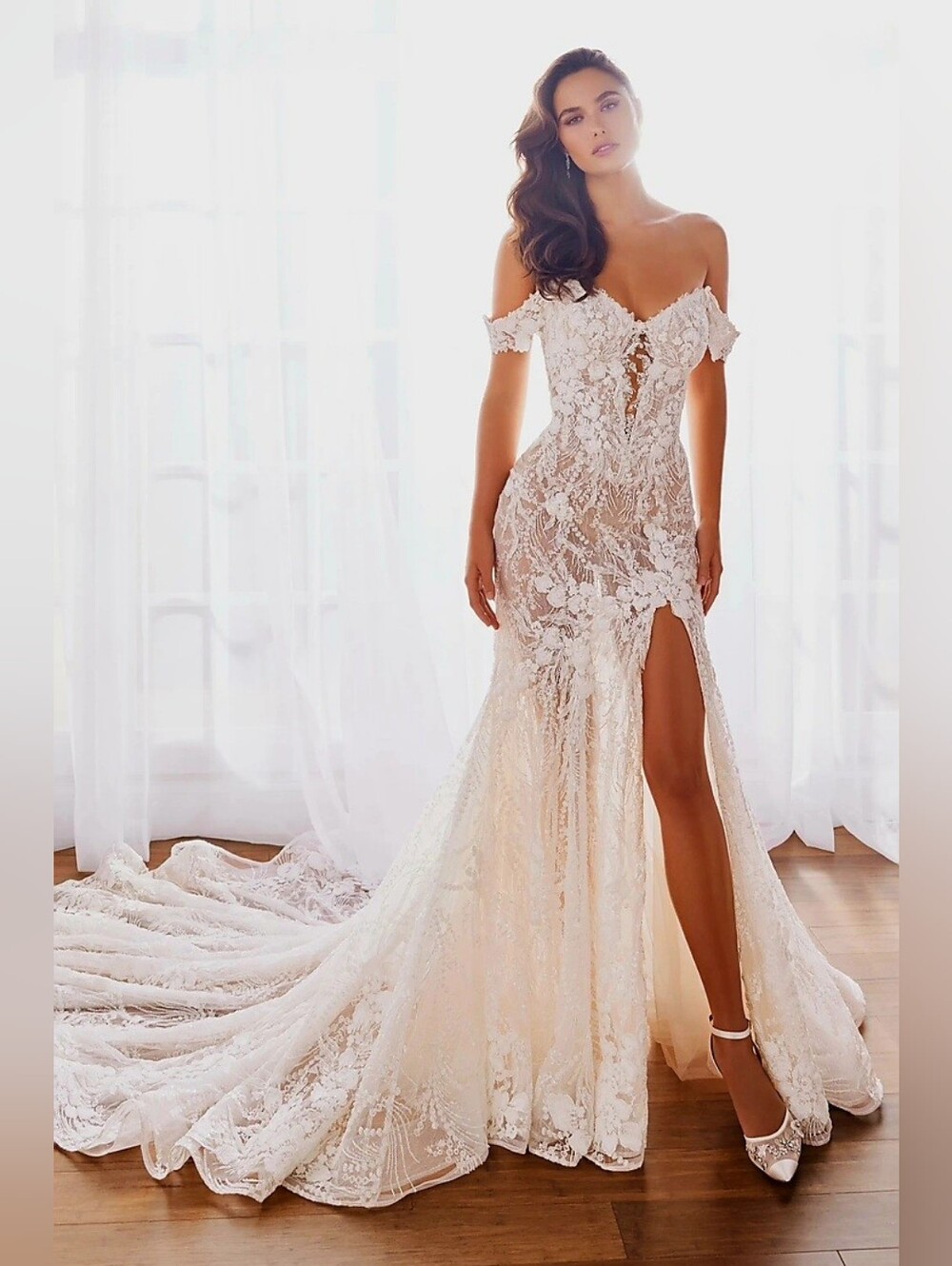 Sheer Lace and Beaded Mermaid Wedding Gown